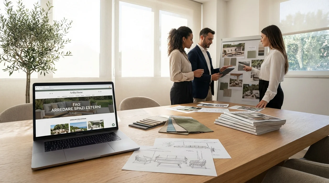 Un elegante set di mobili da giardino sotto un pergolato.